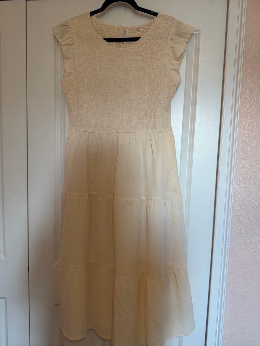 Smocked Bodice Cream Maxi Dress with Flutter Cap Sleeves